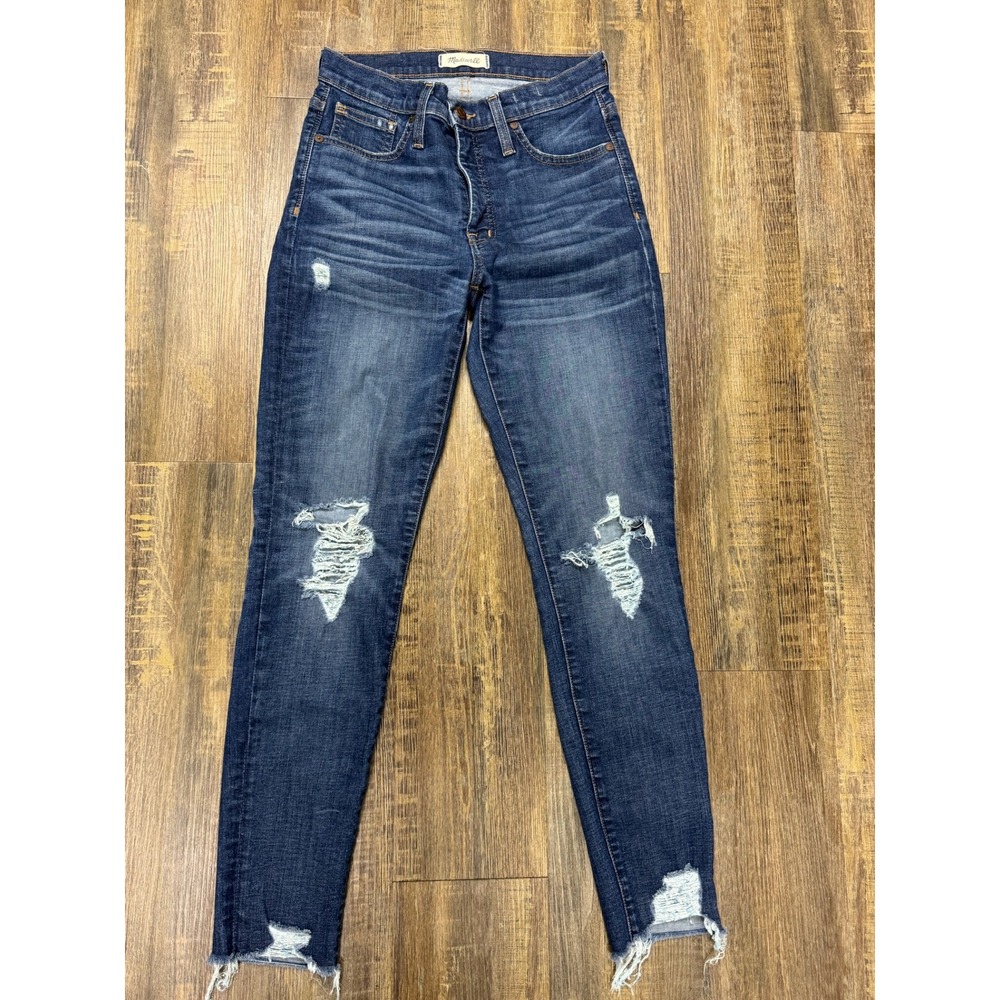 Madewell High Rise Skinny Jeans Distressed Raw Hem Dark Wash H0317 Womens 27